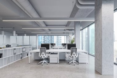 Modern coworking interior with pc computers on desk in row, shelf with documents. Stylish workspace with columns and panoramic window on Singapore skyscrapers. 3D rendering clipart