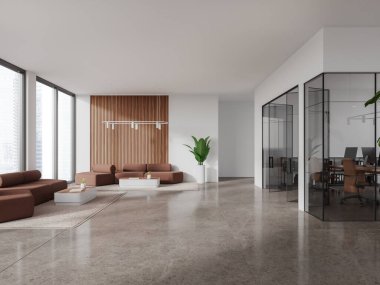 Bekleme yeri, kanepe ve dekorasyonlu lüks bir iç mekan. Masanın üzerinde bilgisayar masaüstü olan cam bir çalışma odası. Şık bir çalışma alanı ve gökdelenlerin panoramik penceresi. 3B görüntüleme