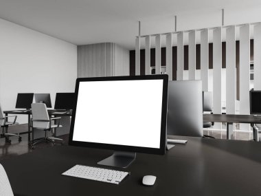 Beyaz ve siyah iç mekan ile boş bilgisayar görüntüsü, yan görünüm çalışma alanı ve sıra ve teknoloji. Minimalist mobilyaları olan şık bir çalışma alanı. 3B görüntüleme