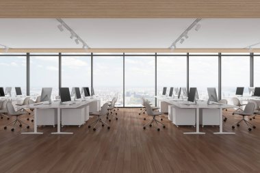 Masasında sandalye ve bilgisayar olan modern açık uzay ofisi, ahşap zemin. New York gökdelenlerinde panoramik penceresi olan şık bir çalışma alanı. 3B görüntüleme 
