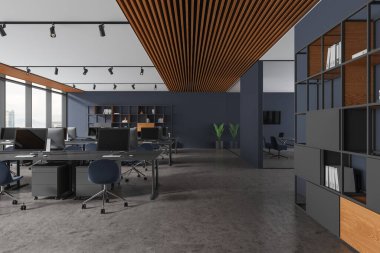 Mavi ofis içinde sandalyeler ve bilgisayarlarla dolu, gri beton zemin dekorasyonlu raflar. Kuala Lumpur gökdelenlerinin panoramik penceresi. 3B görüntüleme 