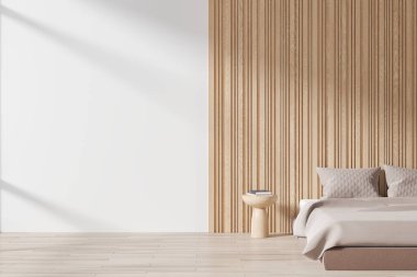 Ahşap ve beyaz otel odasının içi yatak odası, komodin, ahşap zemin. Minimalist dekorasyonlu ve taklit uzay duvarlı bir dinlenme odası. 3B görüntüleme