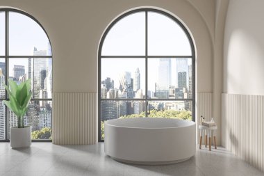 Yuvarlak küvetli, sehpalı ve granit zemini olan şık bir banyo. Modern apartmandaki spa 'da rahatla. New York gökdelenlerinde kemerli panoramik pencere. 3B görüntüleme