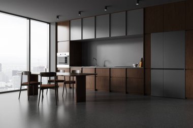 Gri ev mutfağı. Yemek masası ve koltukları var. Yan manzarası gri beton zemin. Paris 'te dolap, buzdolabı ve panoramik pencereli karanlık yemek ve yemek köşeleri. 3B görüntüleme