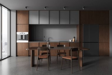 Yemek masası ve koltukları olan modern ev mutfağı, gri beton zemin. Paris 'te dolap, buzdolabı ve panoramik pencereli koyu yemek ve pişirme alanı. 3B görüntüleme
