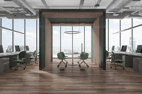 Modern workspace interior with glass meeting room centered, coworking room with pc computers on desk and chairs in row. Panoramic window on New York skyscrapers. 3D rendering