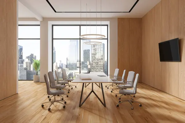 Stylish conference room interior with board and armchairs, hardwood floor. Negotiation table with laptop and tv display on wall, panoramic window on New York. 3D rendering