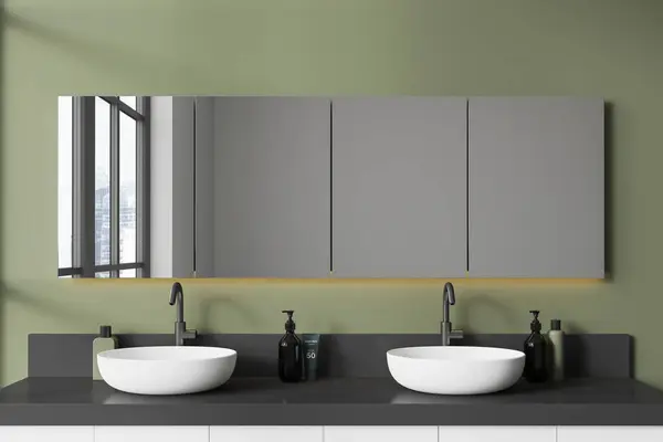 Stylish Home Bathroom Interior Double Sink Mirror Backlight Panoramic Window — Stock Photo, Image
