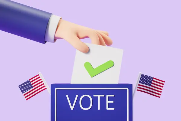 Cartoon character man hand put blank paper with green tick, blue ballot box with american flags. Concept of vote, US election and choice. 3D rendering illustration