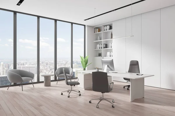 stock image Corner of modern CEO office with white walls, wooden floor, comfortable computer table, bookcase and cozy gray armchairs for visitors standing near panoramic window. 3d rendering