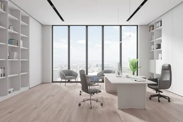 Interior of modern CEO office with white walls, wooden floor, comfortable computer table, bookcase and cozy gray armchairs for visitors standing near panoramic window. 3d rendering