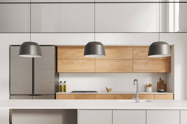 Уютный интерьер домашней кухни с барной стойкой с раковиной, плитой и кухонной утварью. Деревянный шкаф с полками и холодильником. Стильная кулинарная зона в современной квартире. 3D рендеринг