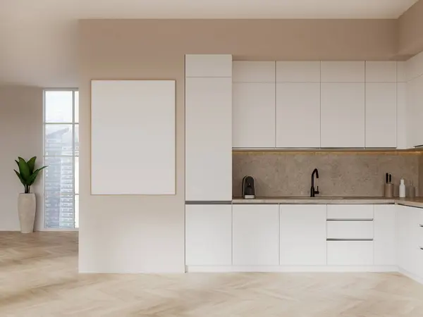 Modern Mutfağın Içinde Bej Duvarlar Ahşap Zemin Rahat Beyaz Dolaplar — Stok fotoğraf
