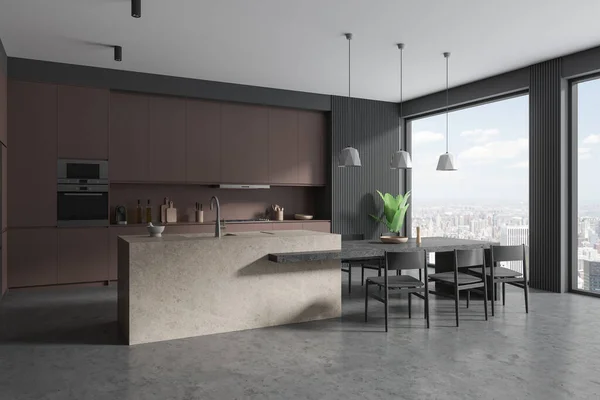 Dark home kitchen interior with bar island and chairs, side view grey concrete floor. Minimalist cooking corner with cabinet and panoramic window on New York skyscrapers. 3D rendering