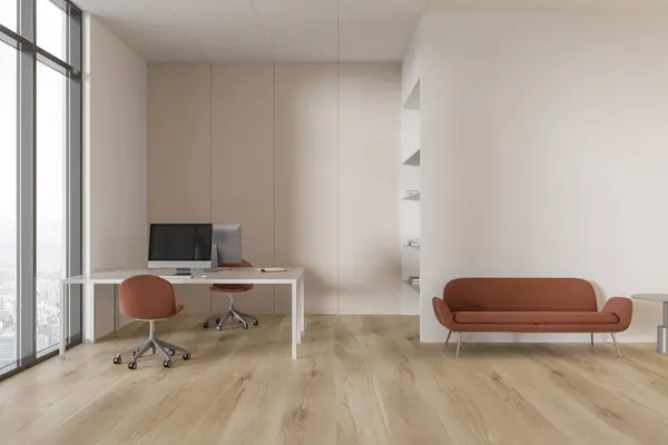Beige workplace interior with table and pc computer, chill space with brown sofa on hardwood floor. Office loft with work and chill zone, panoramic window on Paris city view. 3D rendering