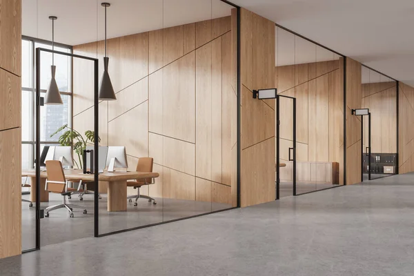 Modernes Coworking Interieur Mit Bürosesseln Seitenansicht Grauer Betonboden Büroflur Und — Stockfoto