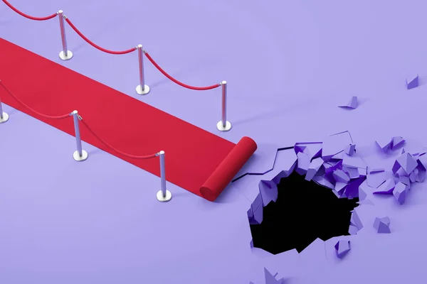 View of red carpet leading to deep pit over purple background. Concept of business failure and crisis. 3d rendering