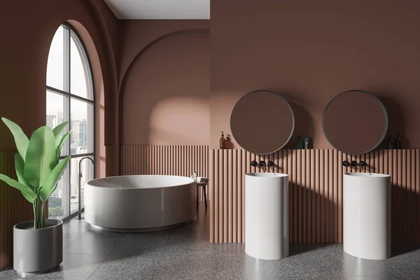 Modern Otel Banyosu Banyo Küveti Çift Lavabo Gri Granit Zemine — Stok fotoğraf