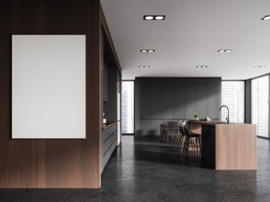 Karanlık ev mutfağı, dolap, bar adası, yemek masası ve sandalyeler. Raflı yemek pişirme alanı ve gökdelenlerin panoramik penceresi. Tuvalin posterini hazırla. 3B görüntüleme