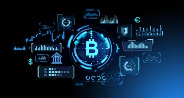 Parlayan bitcoin simgesi, grafik çizelgesi ve şamdanları ve güvenliği olan dijital göstergeler. Kripto para birimi, ön bilgi ve finansal istatistik kavramı. 3B resimleme
