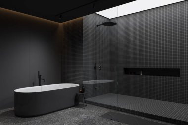 Karanlık ev banyosu, gri granit zeminde küvet, yan görüş. Küvet ve sehpası olan banyo köşesi, şık bir dairede aksesuarlar. 3B görüntüleme