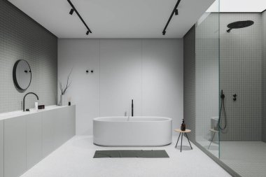 Beyaz otel banyosu, banyo küveti, yan masa, banyo ve cam bölme. Süslü banyo, aksesuarlar, minimalist dekorasyon. 3B görüntüleme