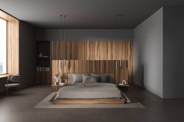 Şık, karanlık bir yatak odası. Yatağı, dekorasyonu ve beton zemini olan bir raf. Şehir manzaralı panoramik pencereli bir uyku odası. 3B görüntüleme