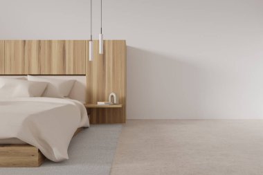 Beyaz duvarları, beton zemini, beyaz battaniyeli rahat kral yatağı açık gri halıda duruyor ve sağdaki uzay duvarını kopyalıyor. 3d oluşturma