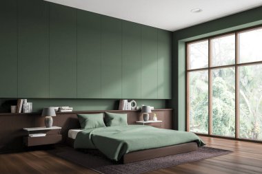 Yeşil yatak odasının içi yataklı ve komodinli kitaplar, ahşap zeminde yan manzara halısı. Tropik bölgelerde panoramik pencereli bir uyku köşesi. 3B görüntüleme