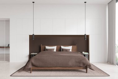 Beyaz duvarları, beton zemini, kahverengi battaniyesi ve iki yuvarlak yatağı olan modern minimalist yatak odasının içi. 3d oluşturma