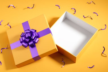 Sarı, mor kurdeleyle sarılı boş bir hediye kutusu ve parlak bir arka planda konfeti hazırlıyor. Hediye, tatil, doğum günü ya da sürpriz kavramı. 3B resimleme