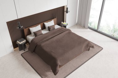 Otelin yatak odası manzarası, yatak odası, dekoratif komodin, yan manzara beton zemin. Panoramik pencereli rahat bir dairede rahatlatıcı bir köşe. 3B görüntüleme