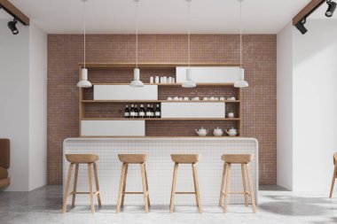 Modern bar iç mimarisi tezgahı, ahşap taburesi, hafif beton zemin. Tabaklar ve şişelerle rafta. Minimalist mobilyaları olan zarif fayanslı yemek alanı. 3B görüntüleme