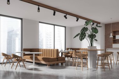 Beyaz ve bej kaplama duvarları olan modern restoranın köşesi, beton zemin, tabureli rahat beyaz bar tezgahı, bej sandalyeli yuvarlak masalar ve rahat kanepe. 3d oluşturma