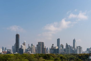 Lumpini parkı ve gökdelenler Bangkok şehir manzaralı panoramik manzaralı. Asya iş şehri merkezi, modern metropol ve şirket binası gündüz vakti