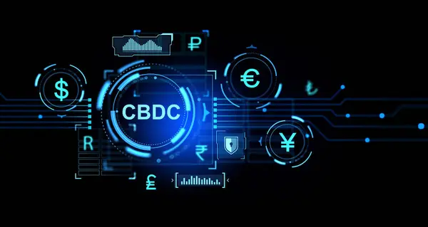 Central bank digital currency with different money symbols, circuit board lines and security. Concept of CBDC, blockchain, transaction and exchange. 3D rendering illustration