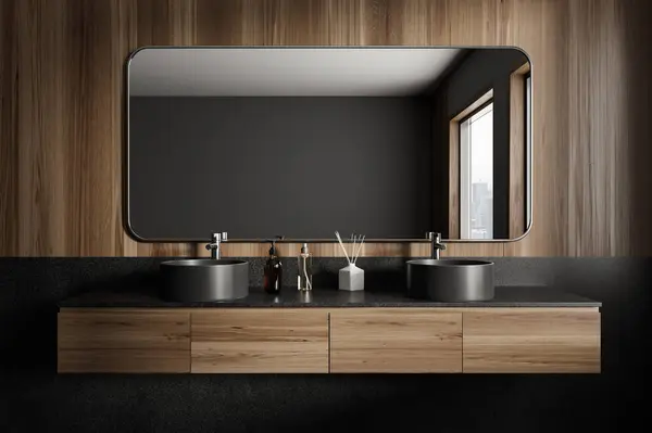 Dark Hotel Bathroom Interior Double Sink Vanity Stylish Accessories Two — Stock Photo, Image
