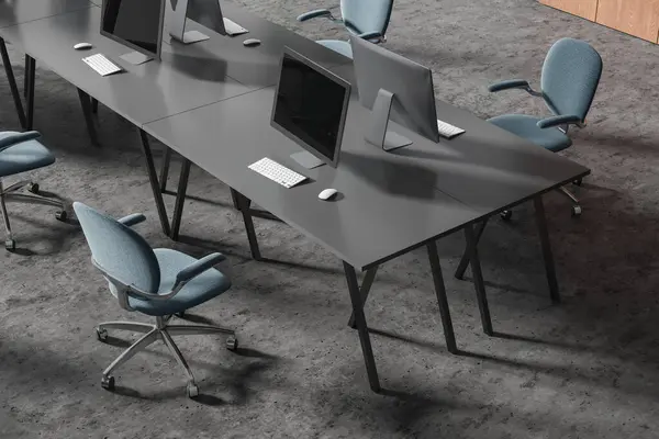 Top View Coworking Interior Computers Desk Blue Chairs Row Grey — Stock Photo, Image
