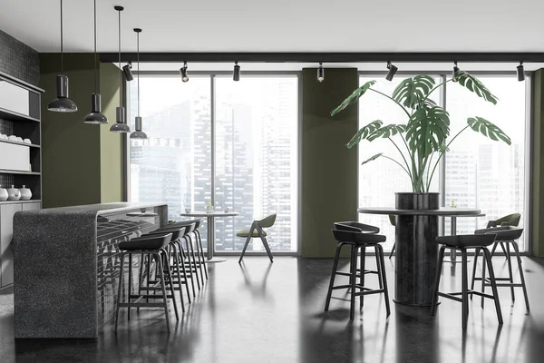 Dark green cafe interior with stone bar counter and eating table with plant, panoramic window on Singapore skyscrapers. Modern dining space with minimalist furniture. 3D rendering