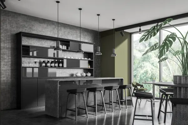 Dark modern cafe interior with stone bar counter, cupboard and eating table with plant, side view. Stylish dining corner with panoramic window on tropics. 3D rendering
