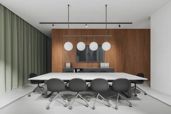 Interior of modern conference room with white and wooden walls, concrete floor, long conference table with gray chairs and TV set hanging on the wall. 3d rendering