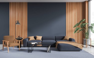 Oturma odasının içinde kanepe ve dekoratif kahve masası, halı ve beton döşeme. Boş fotokopi duvarı ve panoramik pencereyi düzenle. 3B görüntüleme