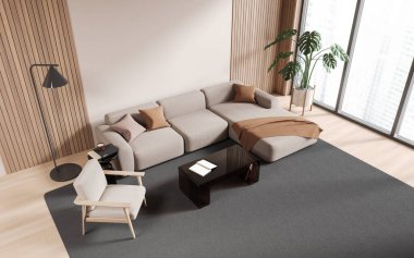 Ev bej oturma odasının en iyi manzarası kanepe, koltuklar ve minimalist dekorasyonlu kahve masası. Rahatlatıcı bir köşe ve gökdelenlerin panoramik penceresi. 3B görüntüleme