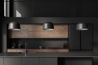 Ev mutfağının içini lavabo ve sobayla, mutfak gereçleriyle ve rafları ve buzdolabı olan ahşap dolaplarla süsleyin. Modern dairede minimalist yemek alanı. 3B görüntüleme