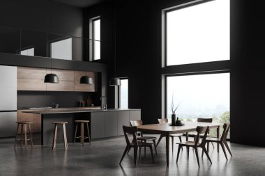 Karanlık ev mutfağı mutfak tezgahı, tabure, yan manzara yemek köşesi dolap ve buzdolabı, kırsal alanda panoramik pencere. 3B görüntüleme