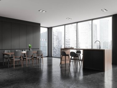 Karanlık bir mutfak odası, yemek masası, lavabosu ve taburesi olan bir bar adası. Gökdelenlerde panoramik pencereli bir köşe yemek. 3B görüntüleme