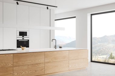 Lüks ev mutfağı. Uzun ahşap tezgahlı, yan manzaralı. Kırsal alanda dolap, lavabo, fırın ve panoramik pencereli yemek köşesi. 3B görüntüleme