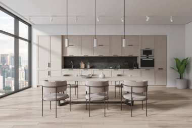 Yemek masası ve dolabı olan beyaz mutfak, sandalyeler ve fırını olan modern mutfak gereçleri. Kuala Lumpur gökdelenlerinin panoramik penceresi. 3B görüntüleme