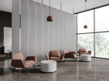Modern ofis, kahve sehpası ve yan manzaralı iç koltukları gevşetiyor. Tropik bölgelerde panoramik pencere, açık bej beton döşeme. 3B görüntüleme
