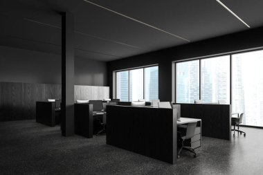 Siyah lüks iç mekan bilgisayar, yan görünüş masa bölücüsü. Süslü çalışma alanı olan bir ofis köşesi. Gökdelenlerin panoramik penceresi. 3B görüntüleme